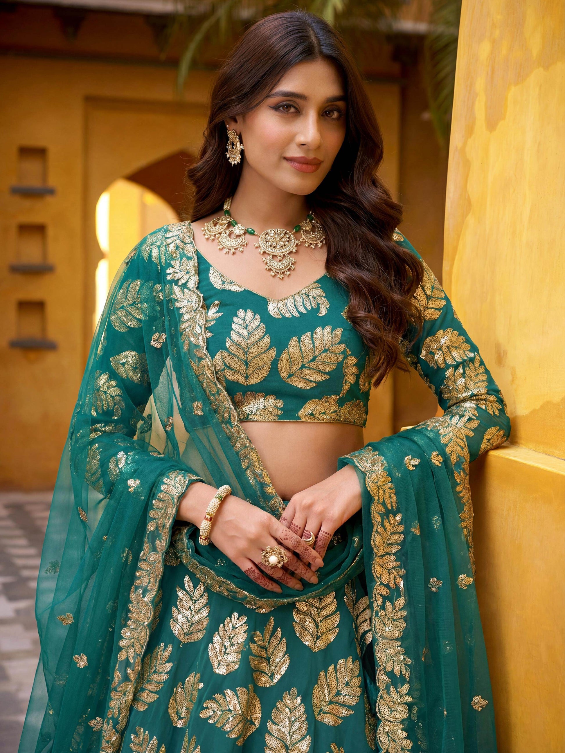 Dazzling Green Sequins Georgette Party Wear Lehenga Choli With Dupatta