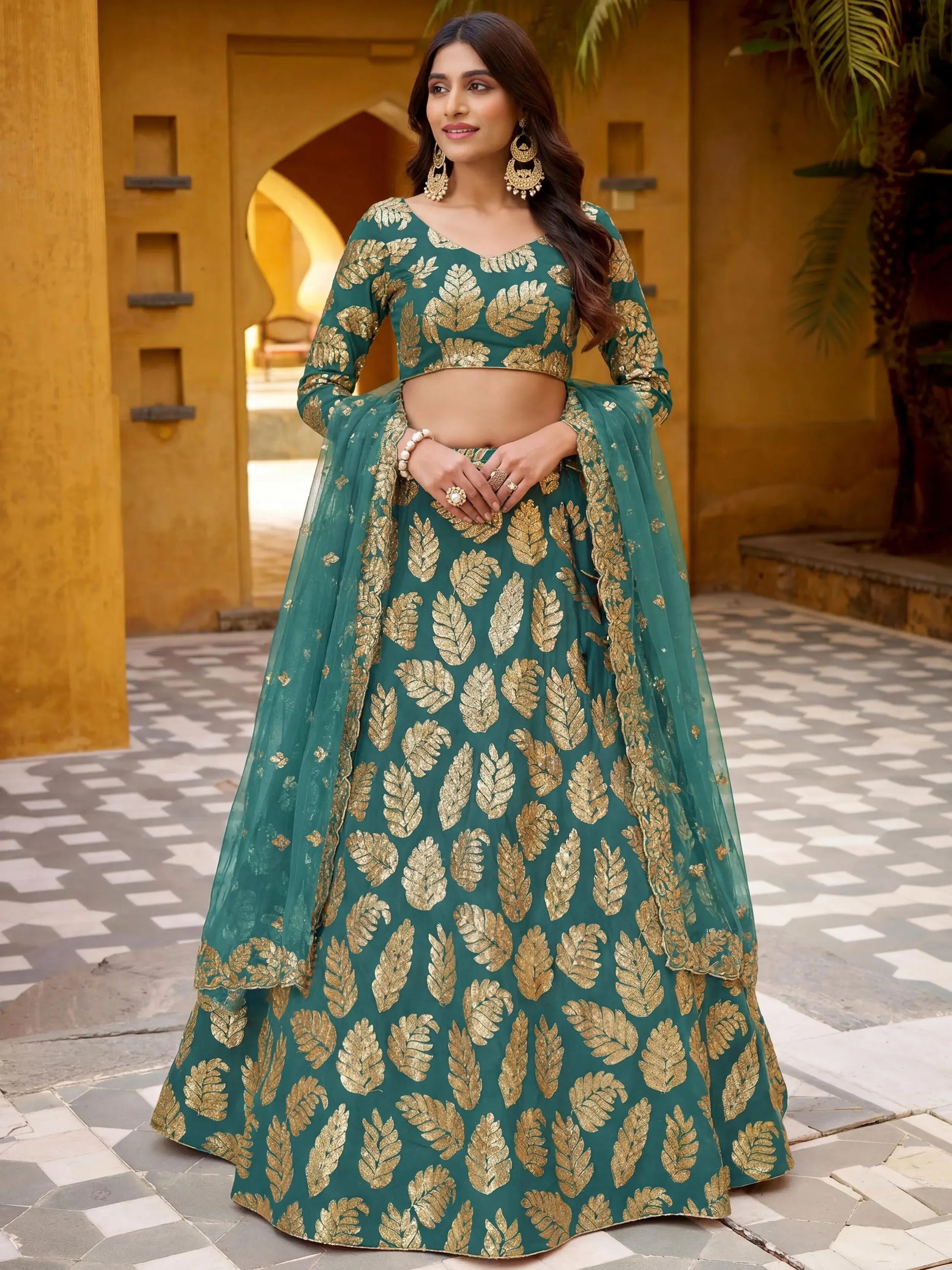 Dazzling Green Sequins Georgette Party Wear Lehenga Choli With Dupatta