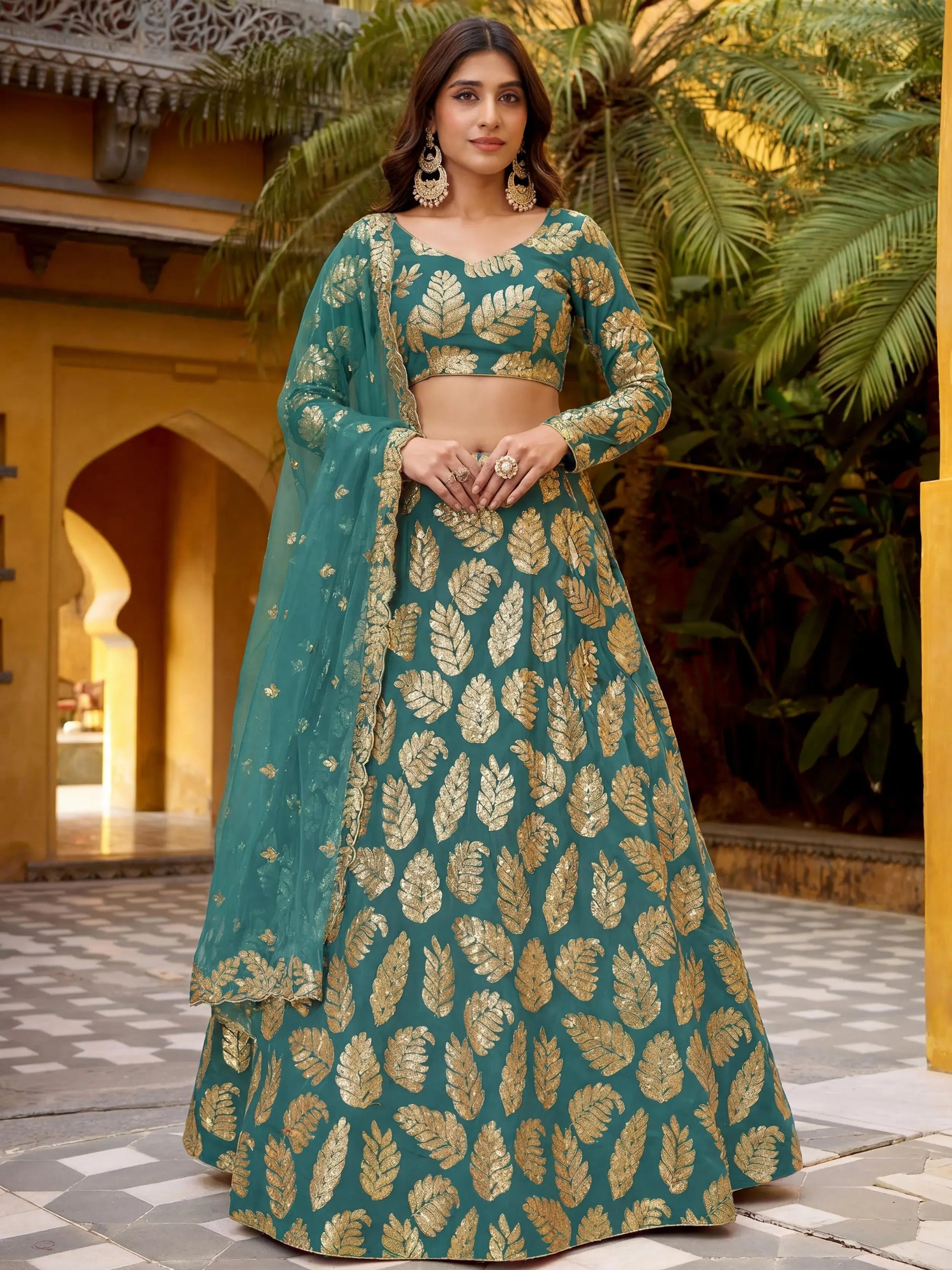 Dazzling Green Sequins Georgette Party Wear Lehenga Choli With Dupatta