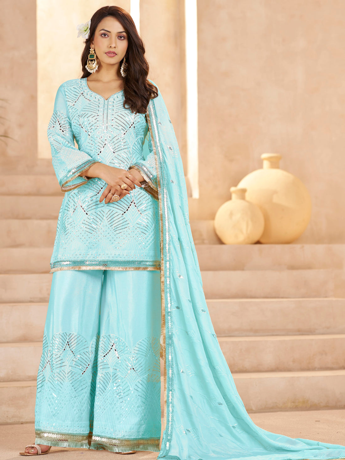 Adorable Sky Blue Thread Embroidery Chinon Wedding Wear Palazzo Suit