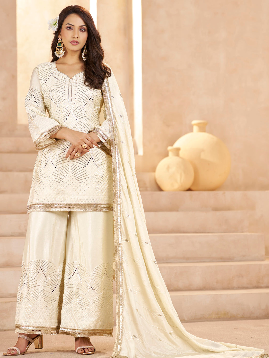 Wonderful Off-White Sequins Embroidery Chinon Event Wear Palazzo Suit