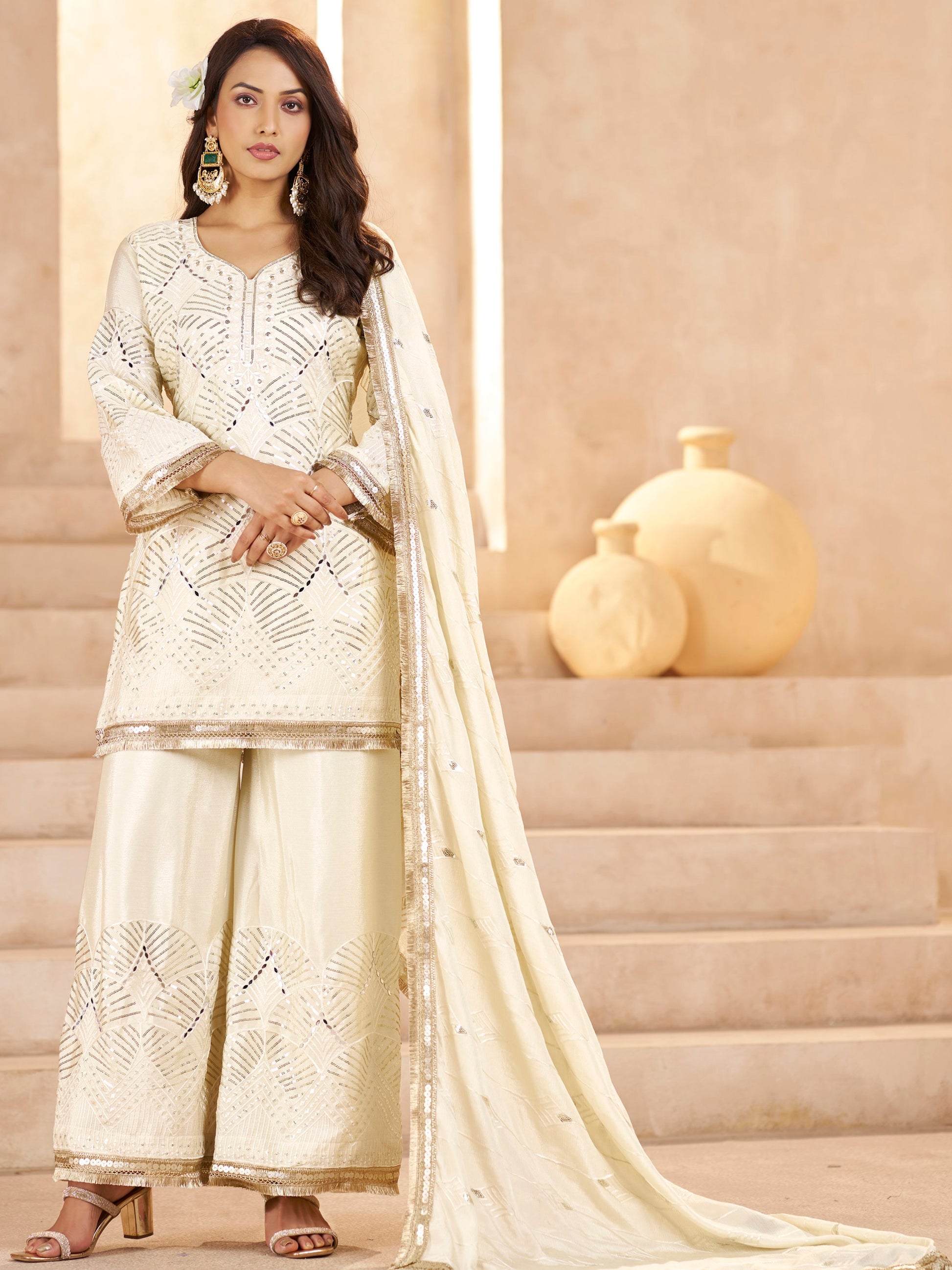 Wonderful Off-White Sequins Embroidery Chinon Event Wear Palazzo Suit