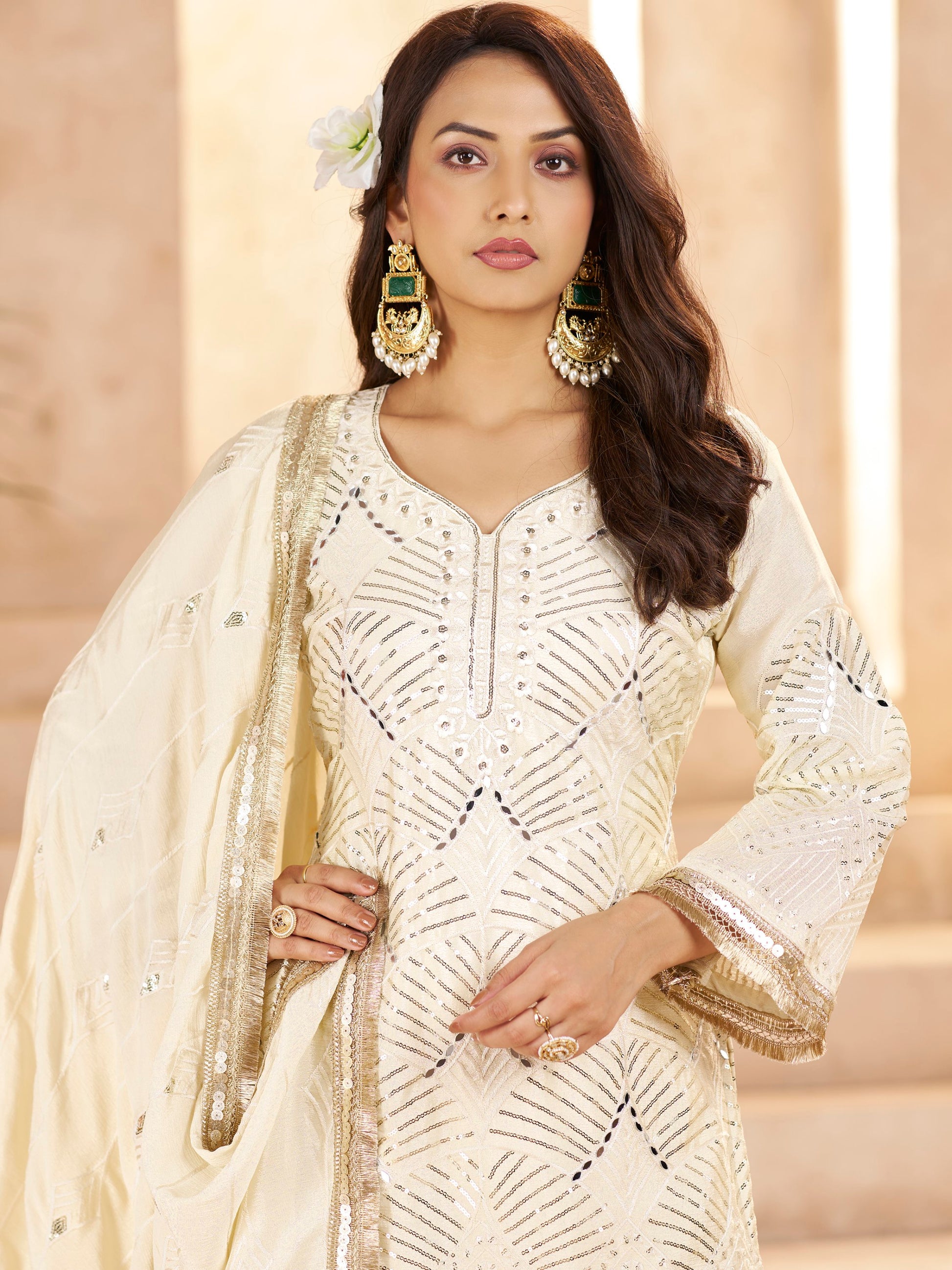 Wonderful Off-White Sequins Embroidery Chinon Event Wear Palazzo Suit