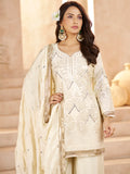 Wonderful Off-White Sequins Embroidery Chinon Event Wear Palazzo Suit
