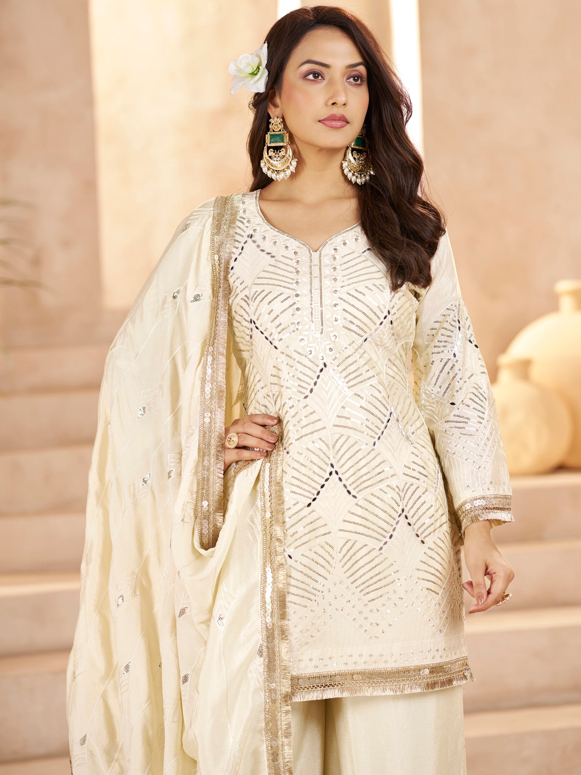 Wonderful Off-White Sequins Embroidery Chinon Event Wear Palazzo Suit