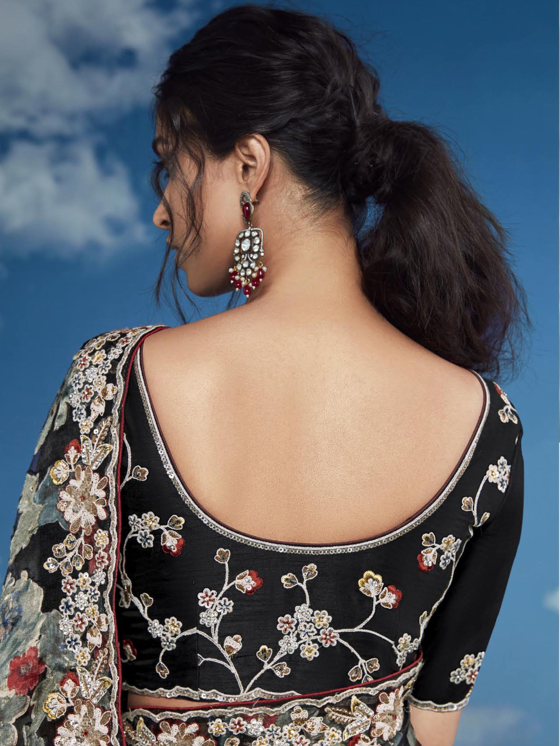 Charming Black Lace Work Brasso Event Wear Saree With Blouse