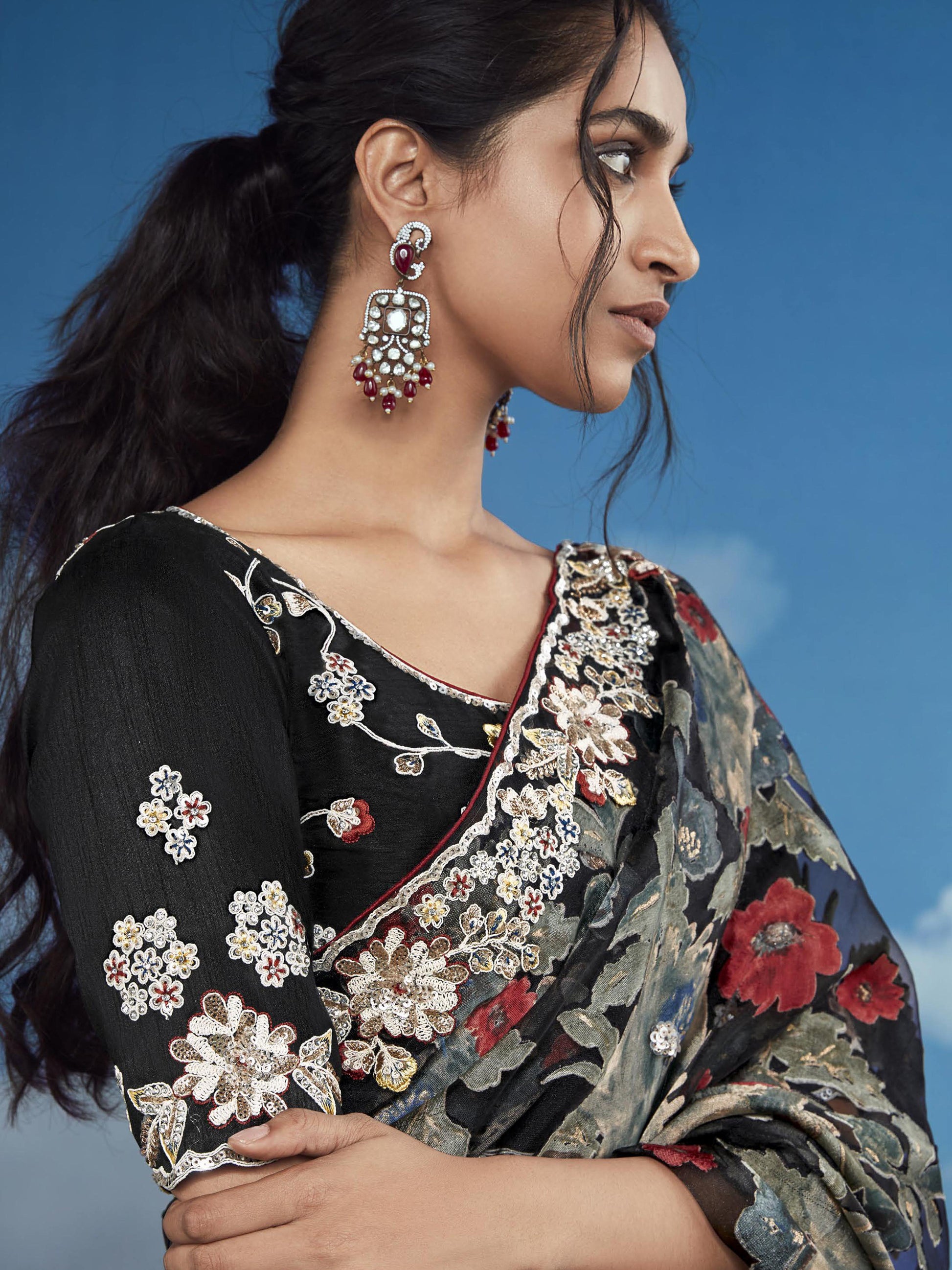 Charming Black Lace Work Brasso Event Wear Saree With Blouse