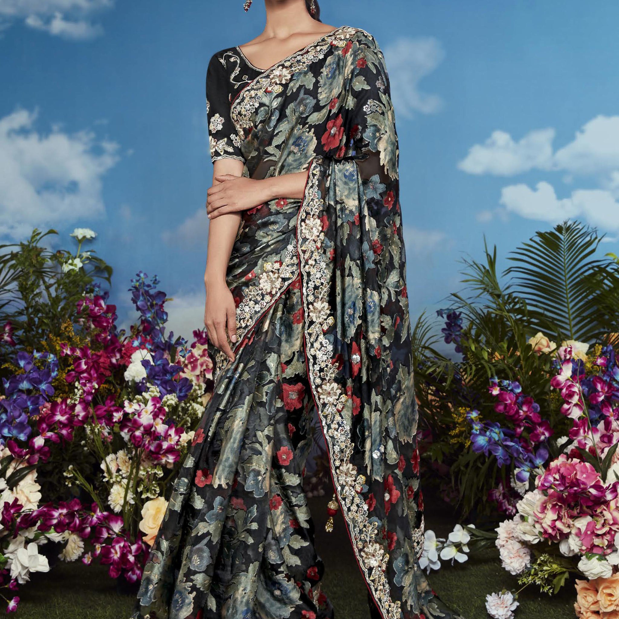 Charming Black Lace Work Brasso Event Wear Saree With Blouse