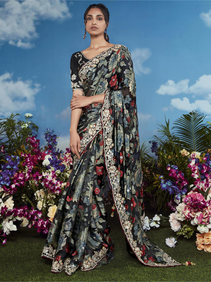 Charming Black Lace Work Brasso Event Wear Saree With Blouse