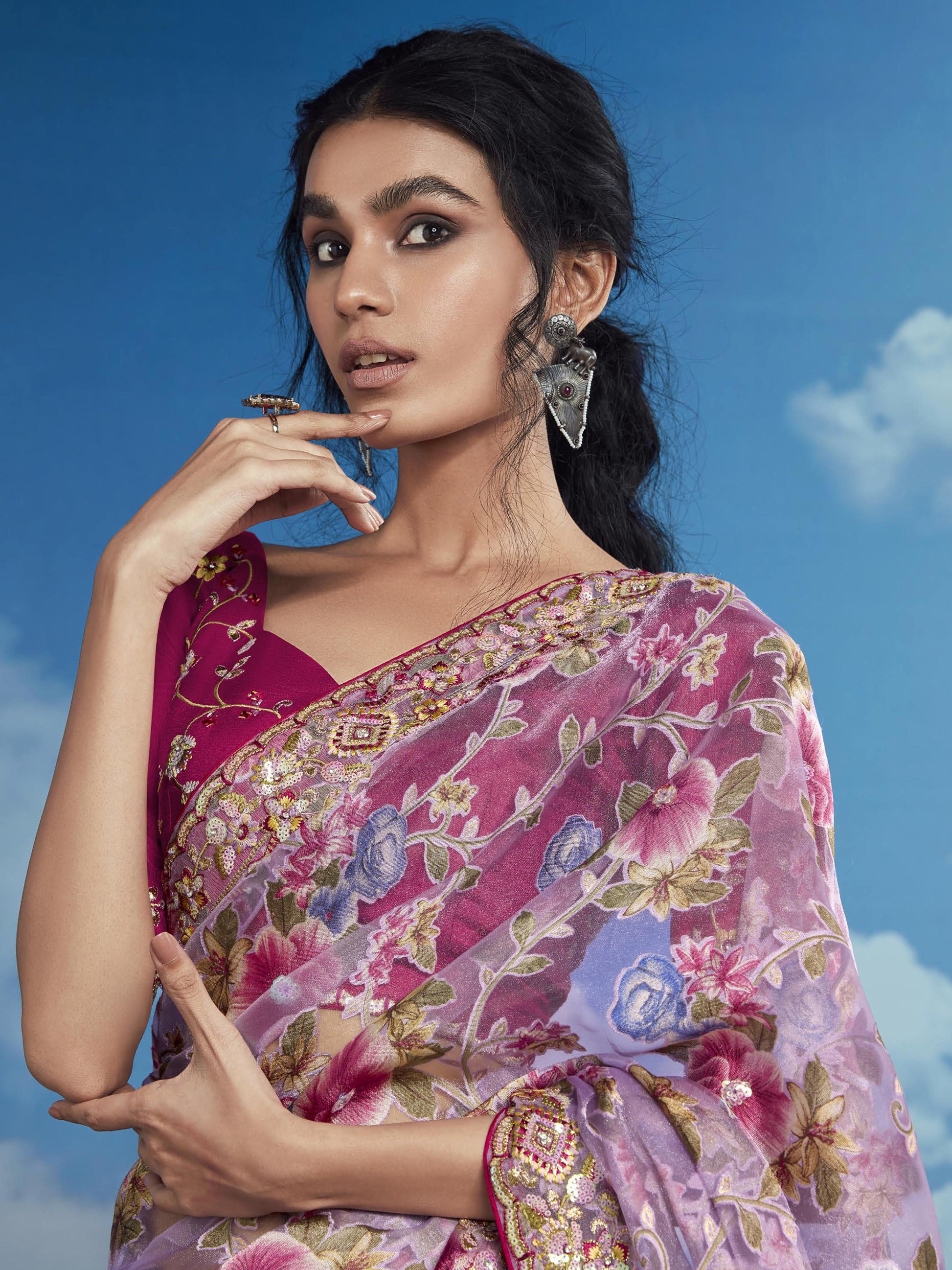 Adorable Lavender Brasso Festival Wear Saree With Blouse