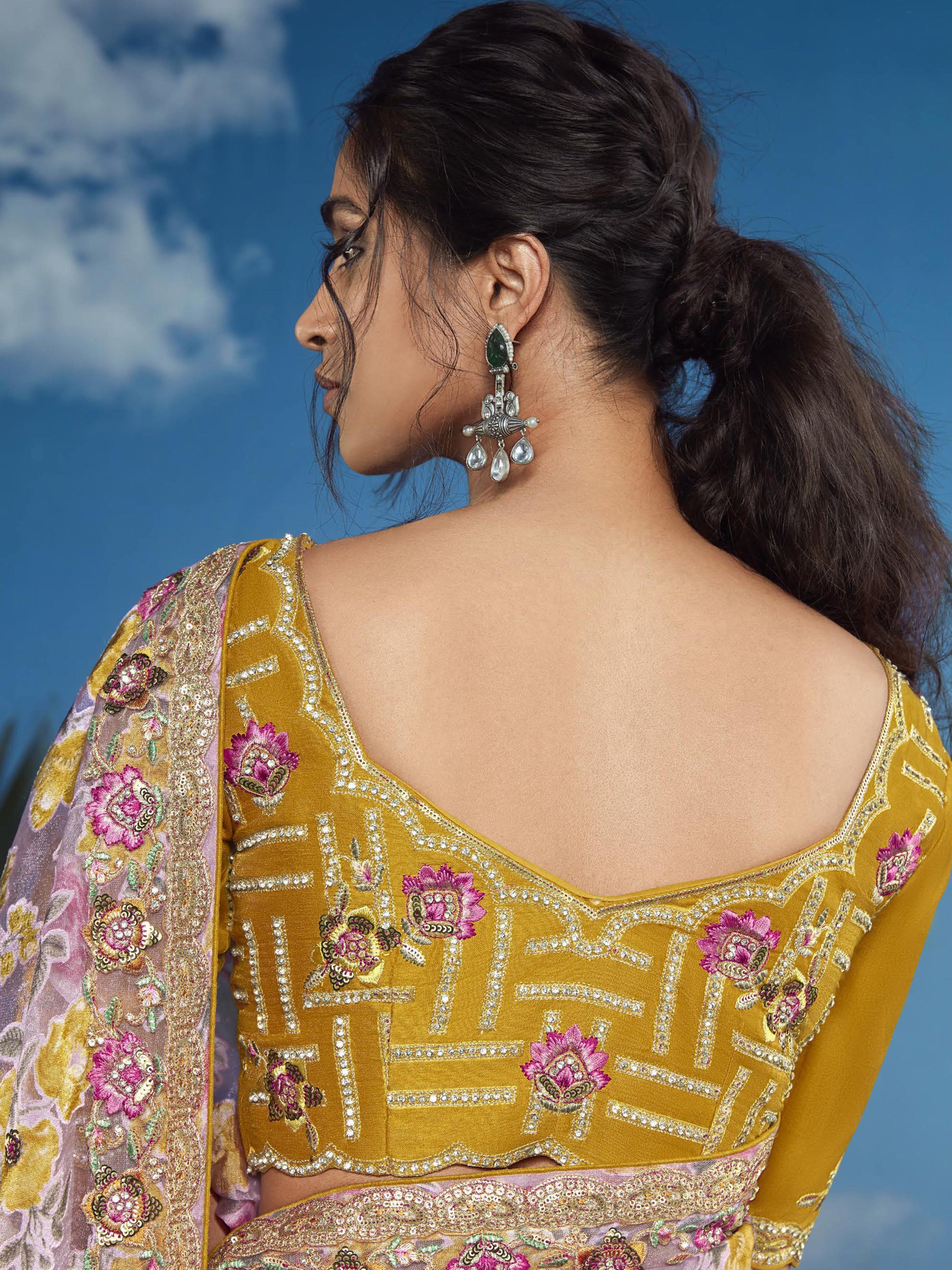 Beautiful Pink Lace Work Brasso Event Wear Saree With Blouse
