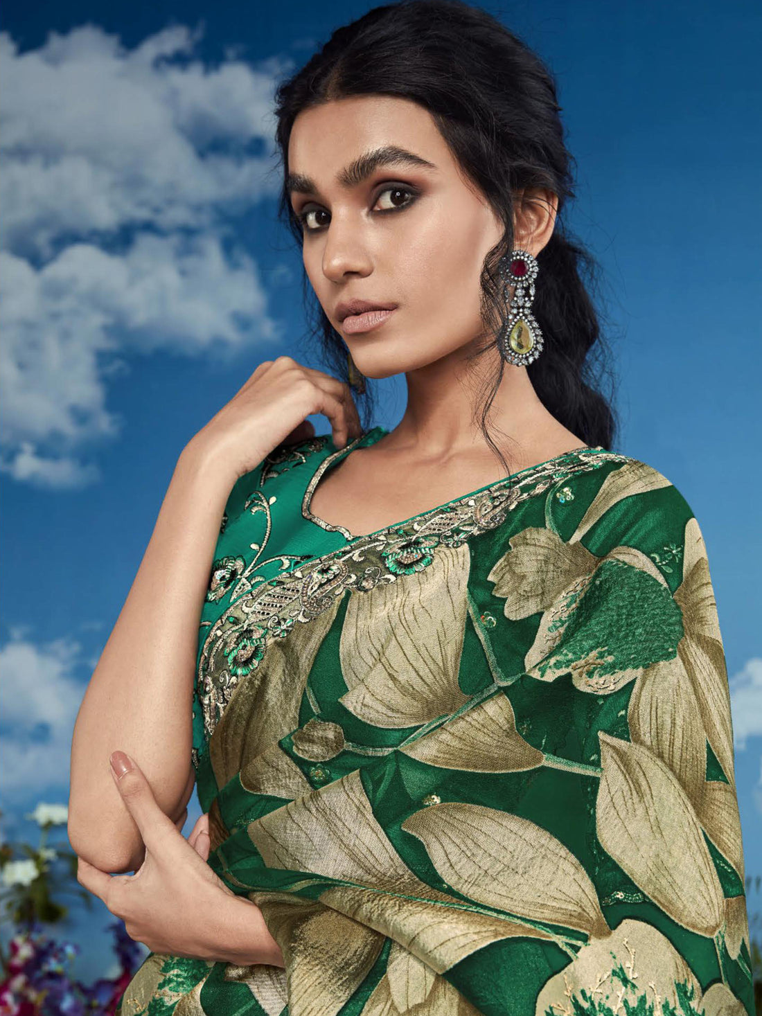 Gorgeous Dark Green Lace Work Brasso Saree With Blouse