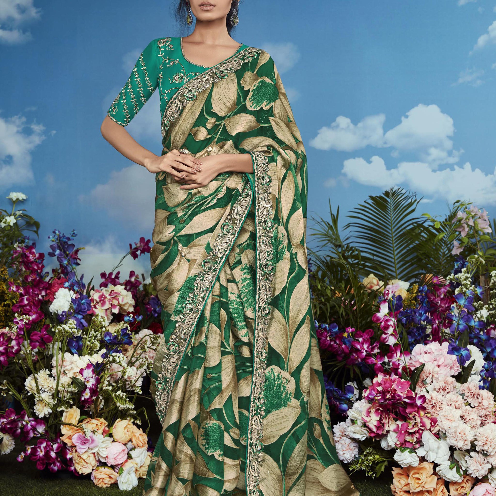 Gorgeous Dark Green Lace Work Brasso Saree With Blouse