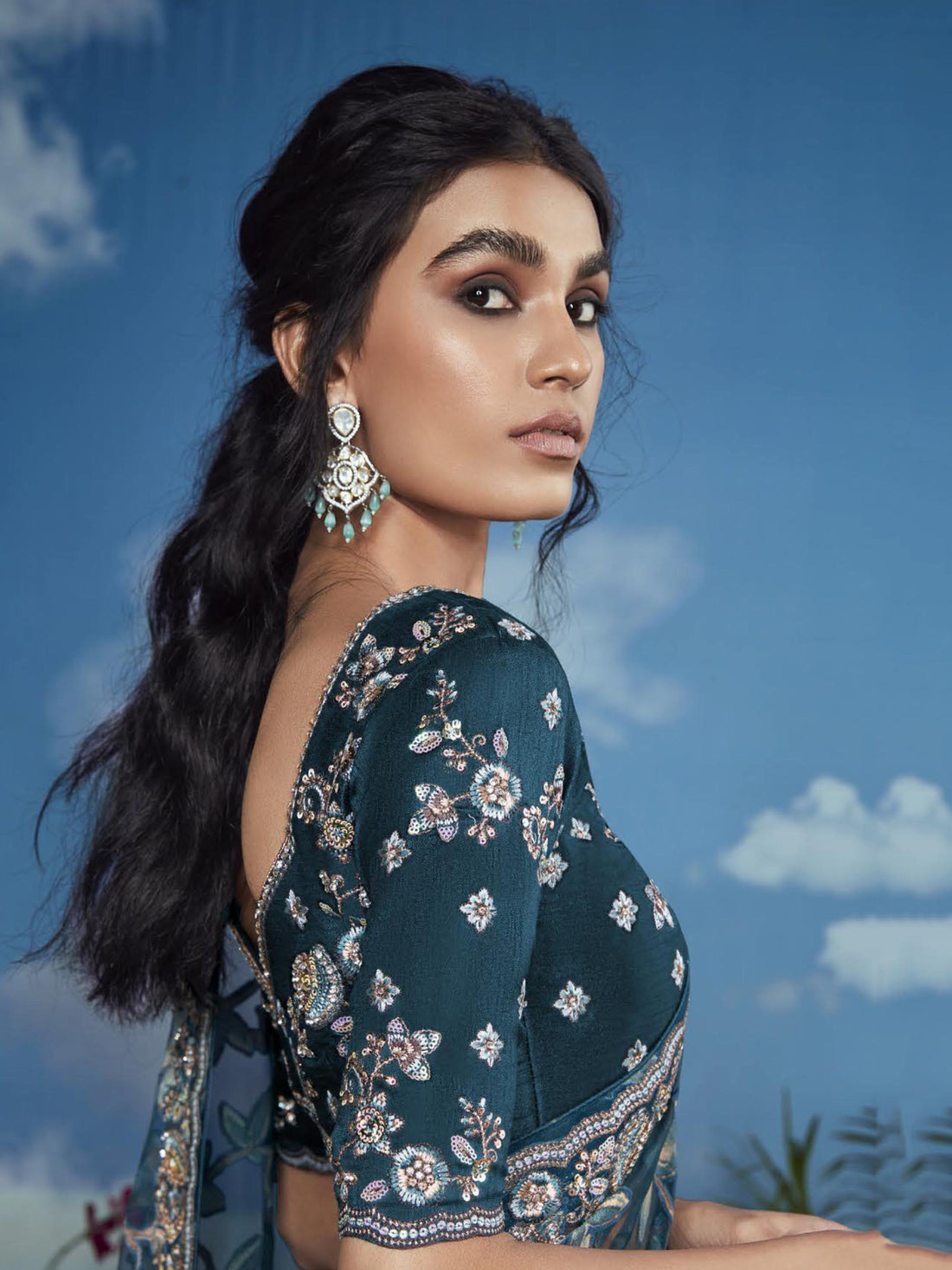 Stunning Teal Blue Lace Work Brasso Engagement Wear Saree