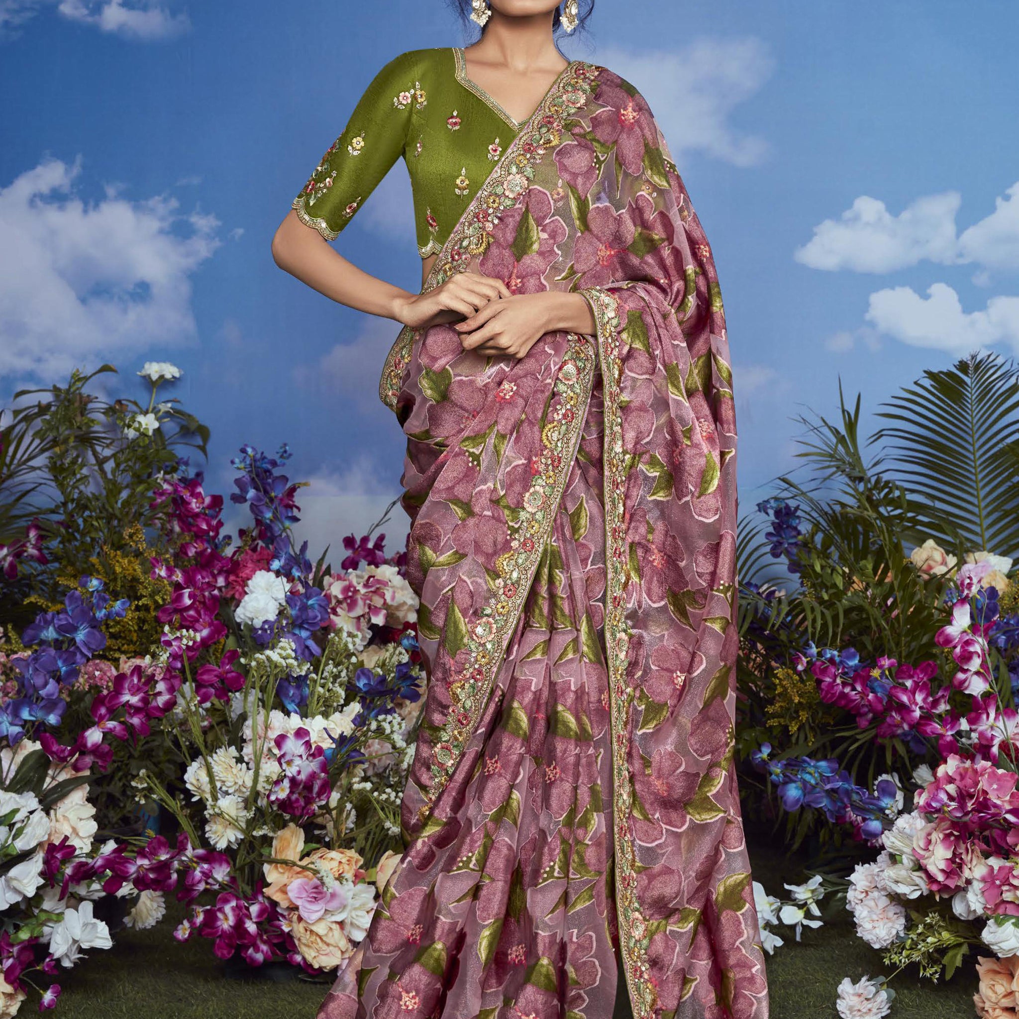 Gorgeous Mauve Lace Work Brasso Festival Wear Saree With Blouse