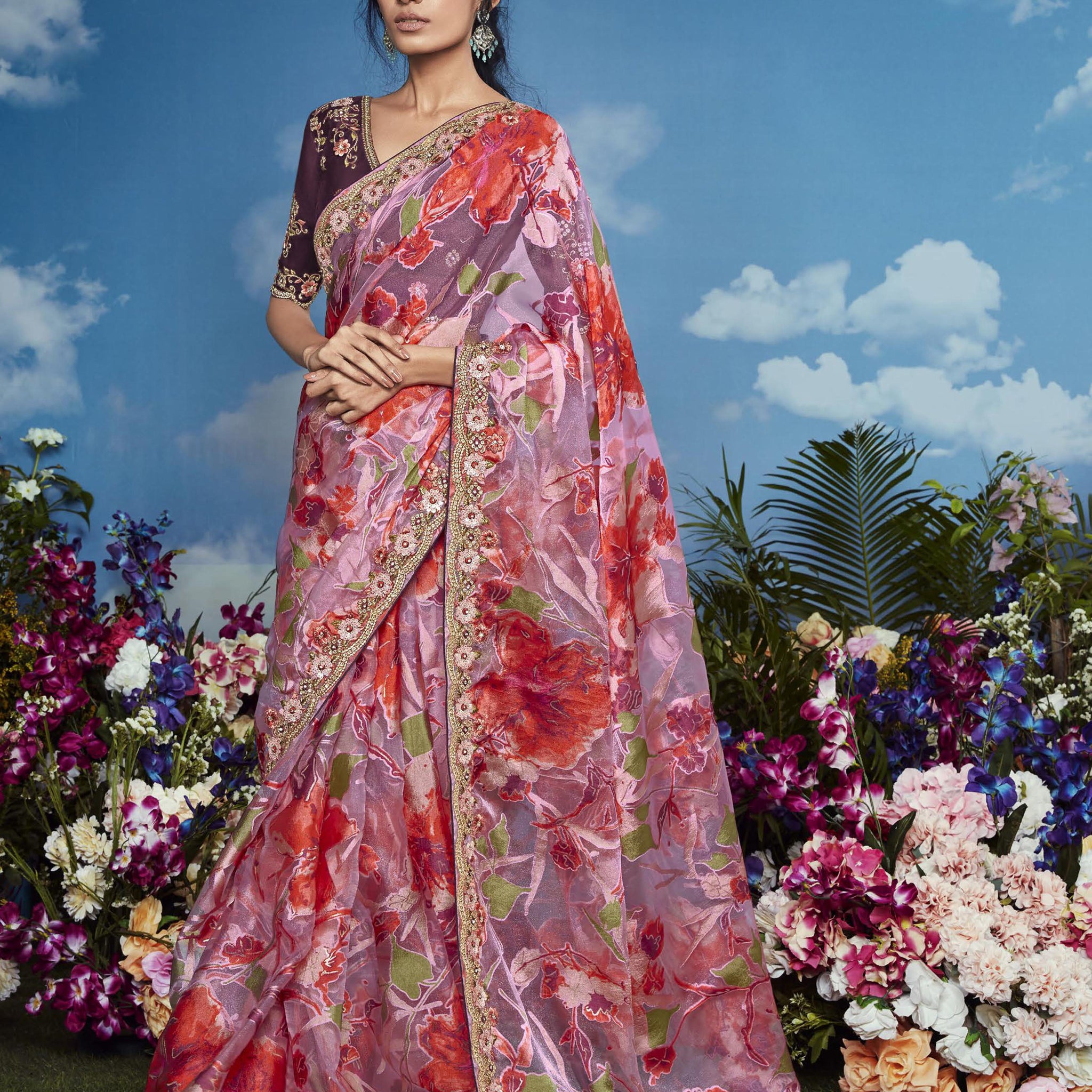 Incredible Pink Lace Work Brasso Function Wear Saree With Blouse
