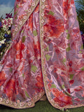 Incredible Pink Lace Work Brasso Function Wear Saree With Blouse