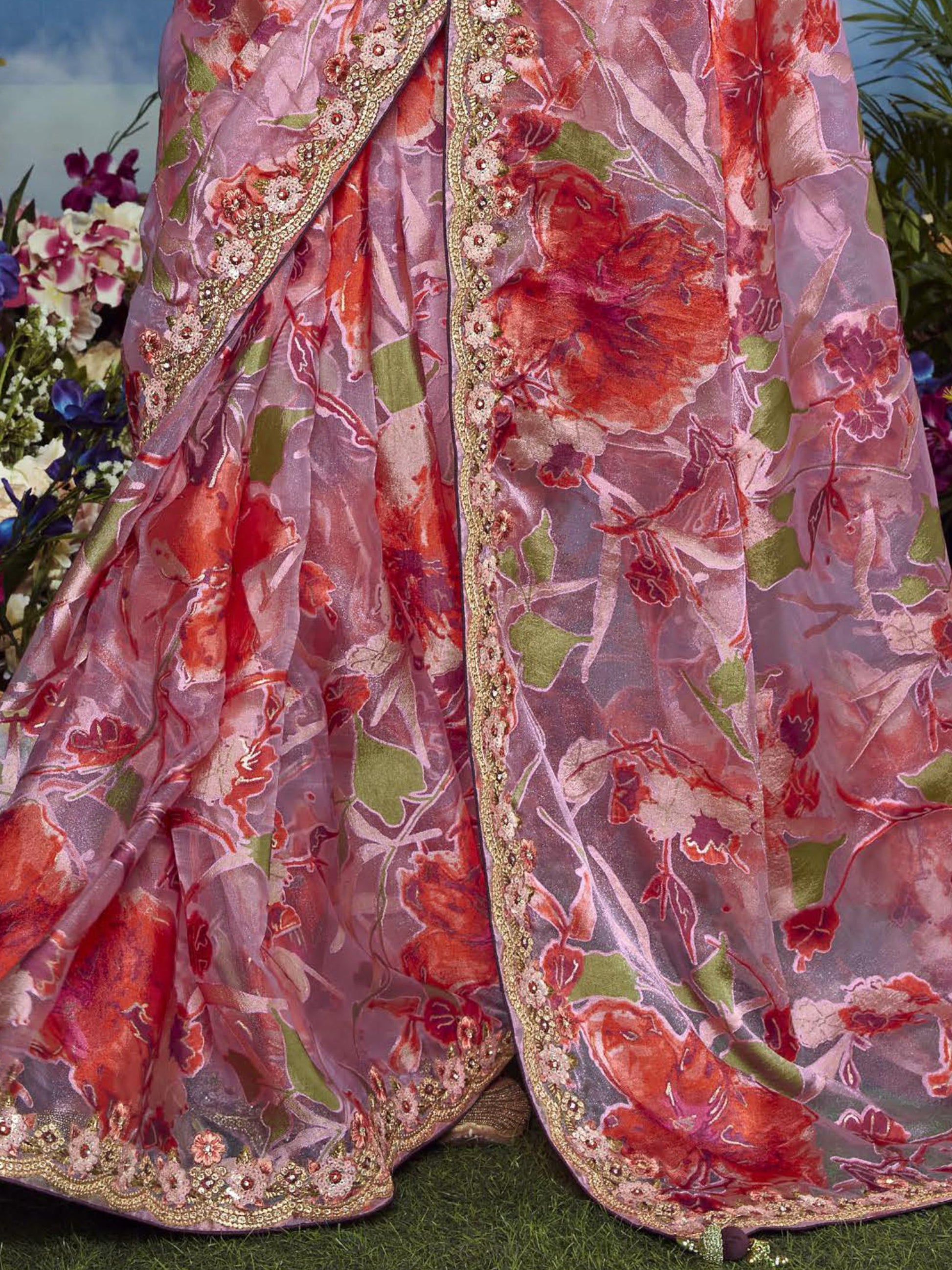 Incredible Pink Lace Work Brasso Function Wear Saree With Blouse