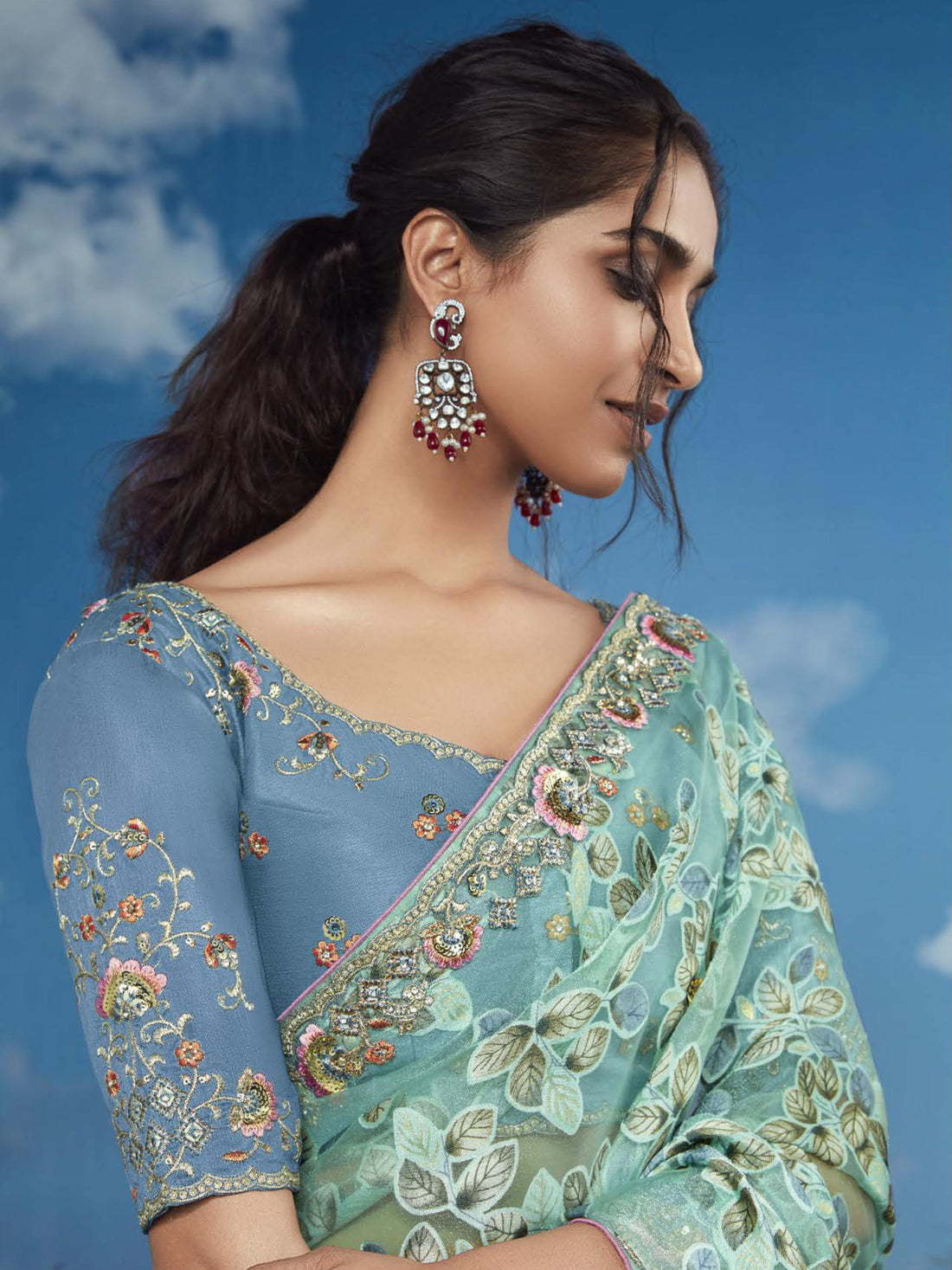 Spectacular Sea Green Lace Work Brasso Engagement Wear Saree