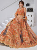 Spectacular Rust Orange Embroidered Banarasi Silk Designer Lehenga Choli With Dupatta