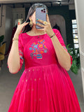 Glamorous Rani Pink Zari Weaving Silk Festival Wear Gown