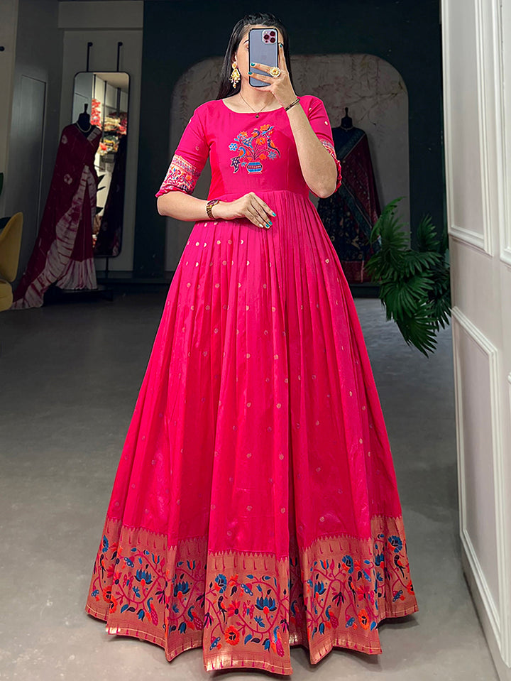 Glamorous Rani Pink Zari Weaving Silk Festival Wear Gown