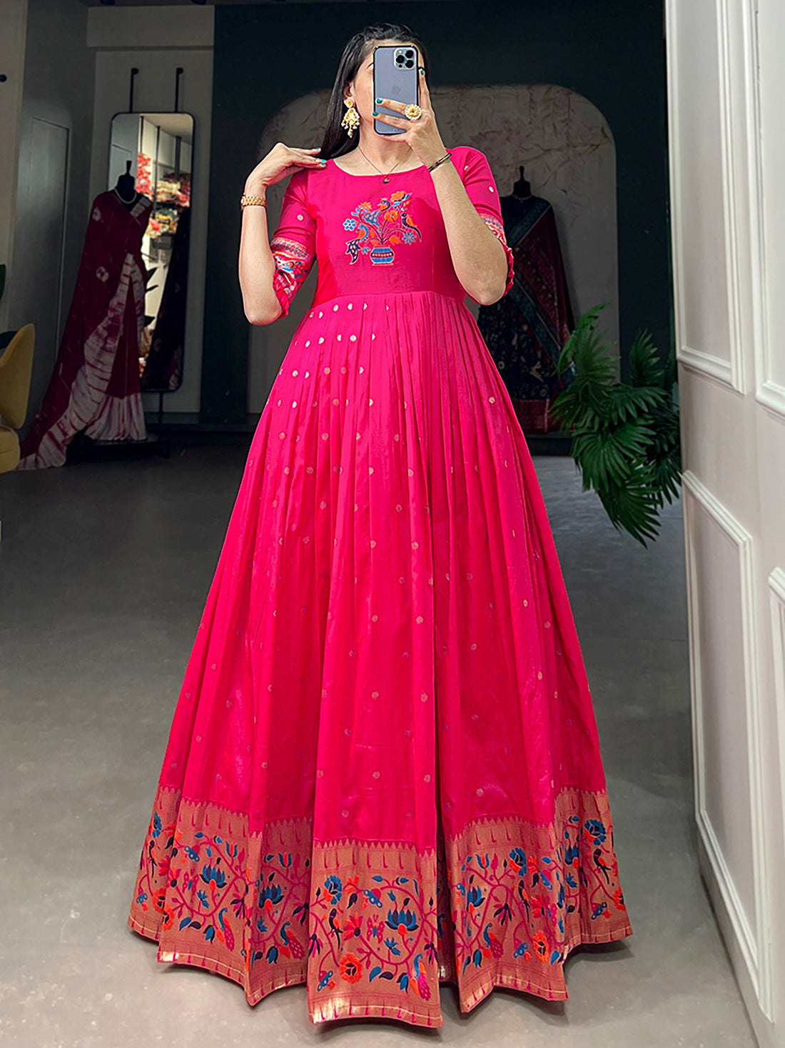 Glamorous Rani Pink Zari Weaving Silk Festival Wear Gown