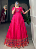 Glamorous Rani Pink Zari Weaving Silk Festival Wear Gown