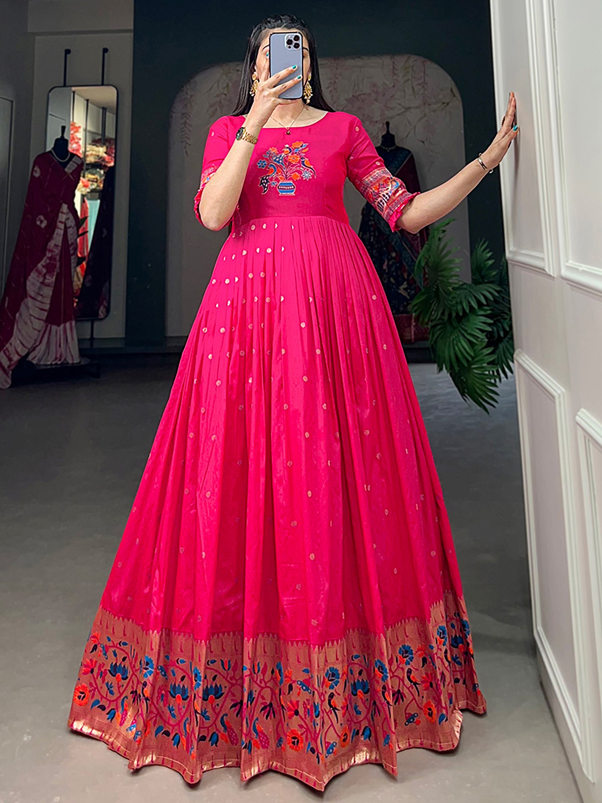 Glamorous Rani Pink Zari Weaving Silk Festival Wear Gown