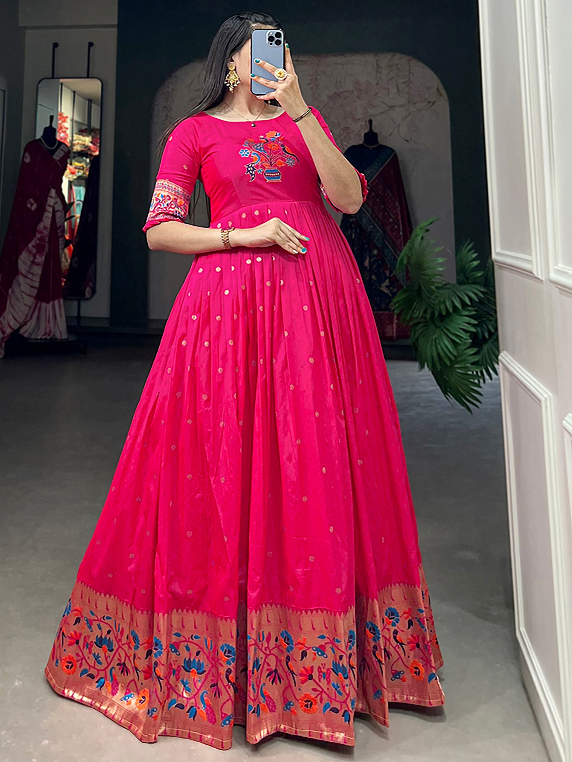 Glamorous Rani Pink Zari Weaving Silk Festival Wear Gown