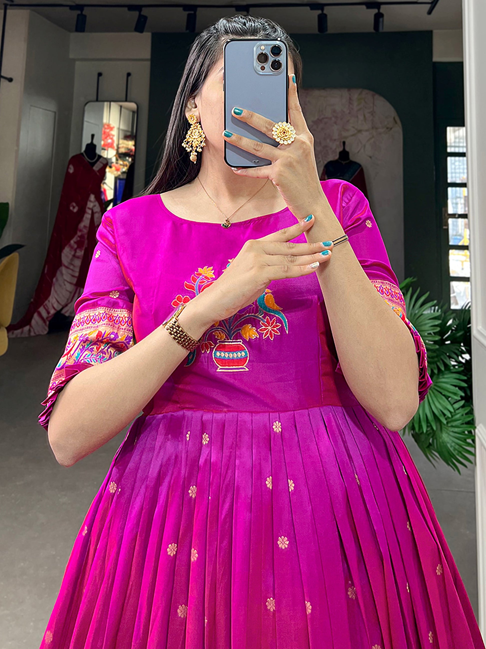 Sparkling Purple Zari Weaving Silk Festival Wear Gown