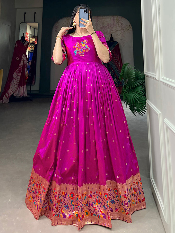 Sparkling Purple Zari Weaving Silk Festival Wear Gown