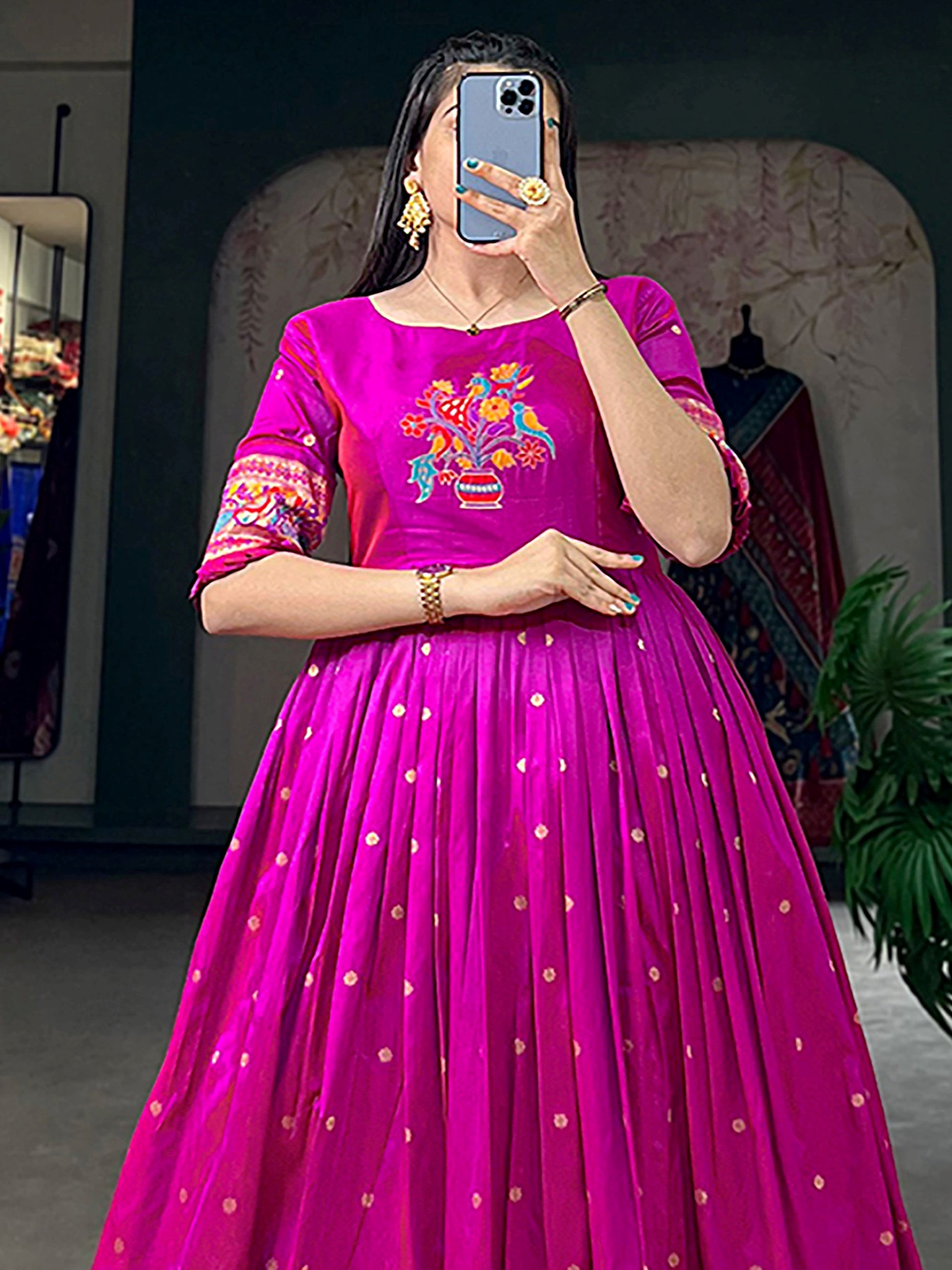 Sparkling Purple Zari Weaving Silk Festival Wear Gown