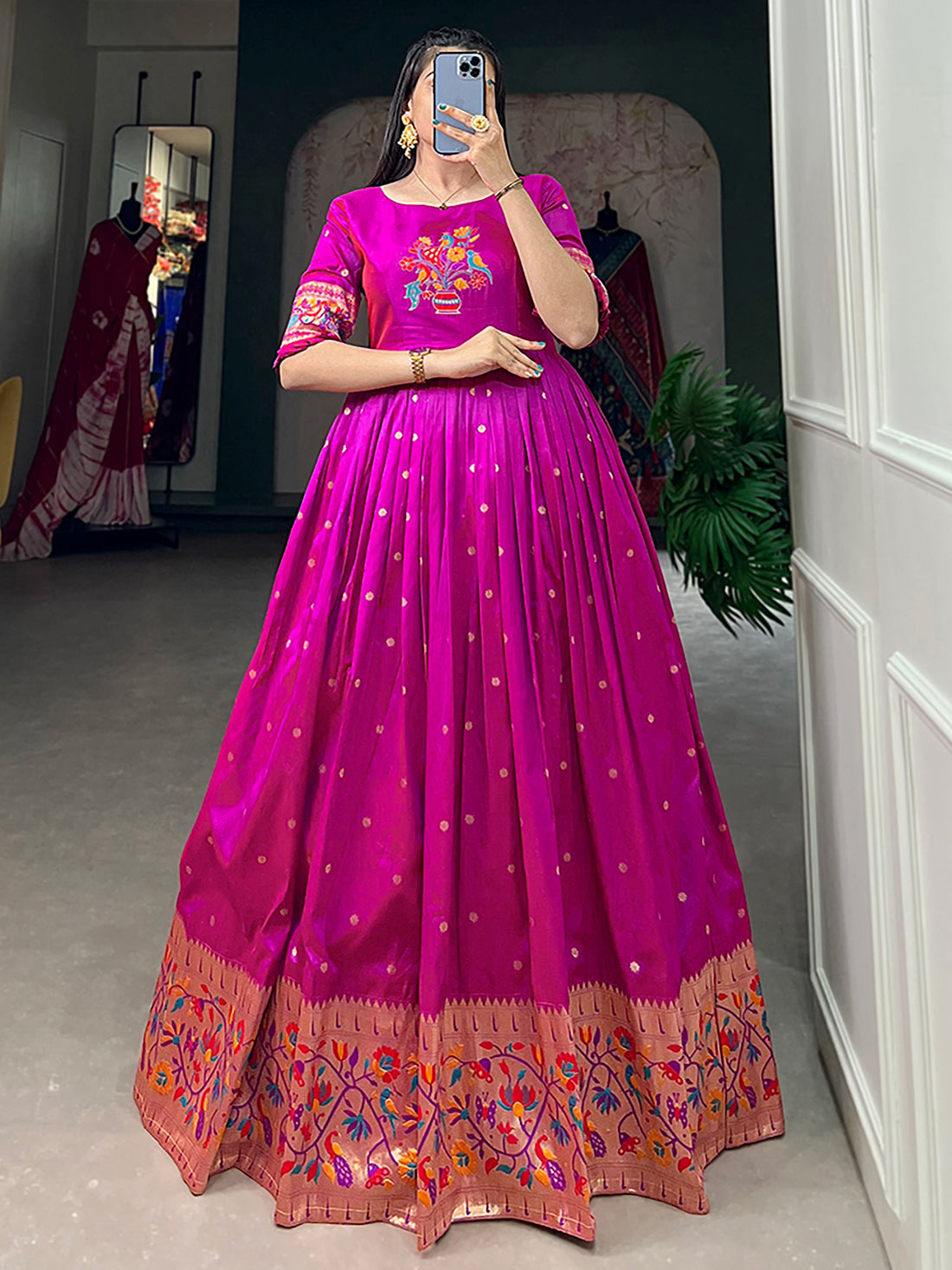 Sparkling Purple Zari Weaving Silk Festival Wear Gown