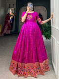 Sparkling Purple Zari Weaving Silk Festival Wear Gown