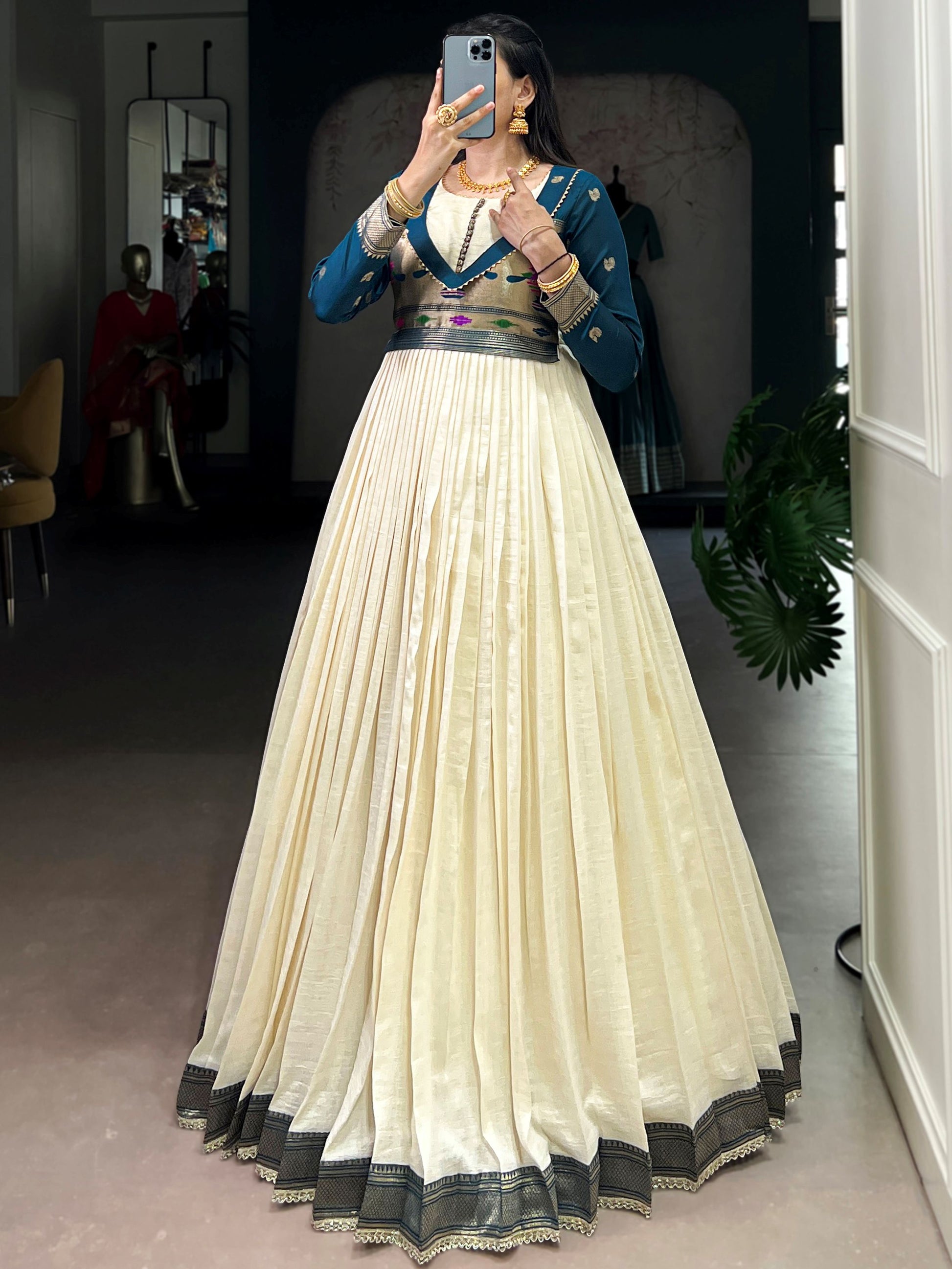 Stunning Cream Zari Weaving  Silk Festive Wear Gown With Dupatta
