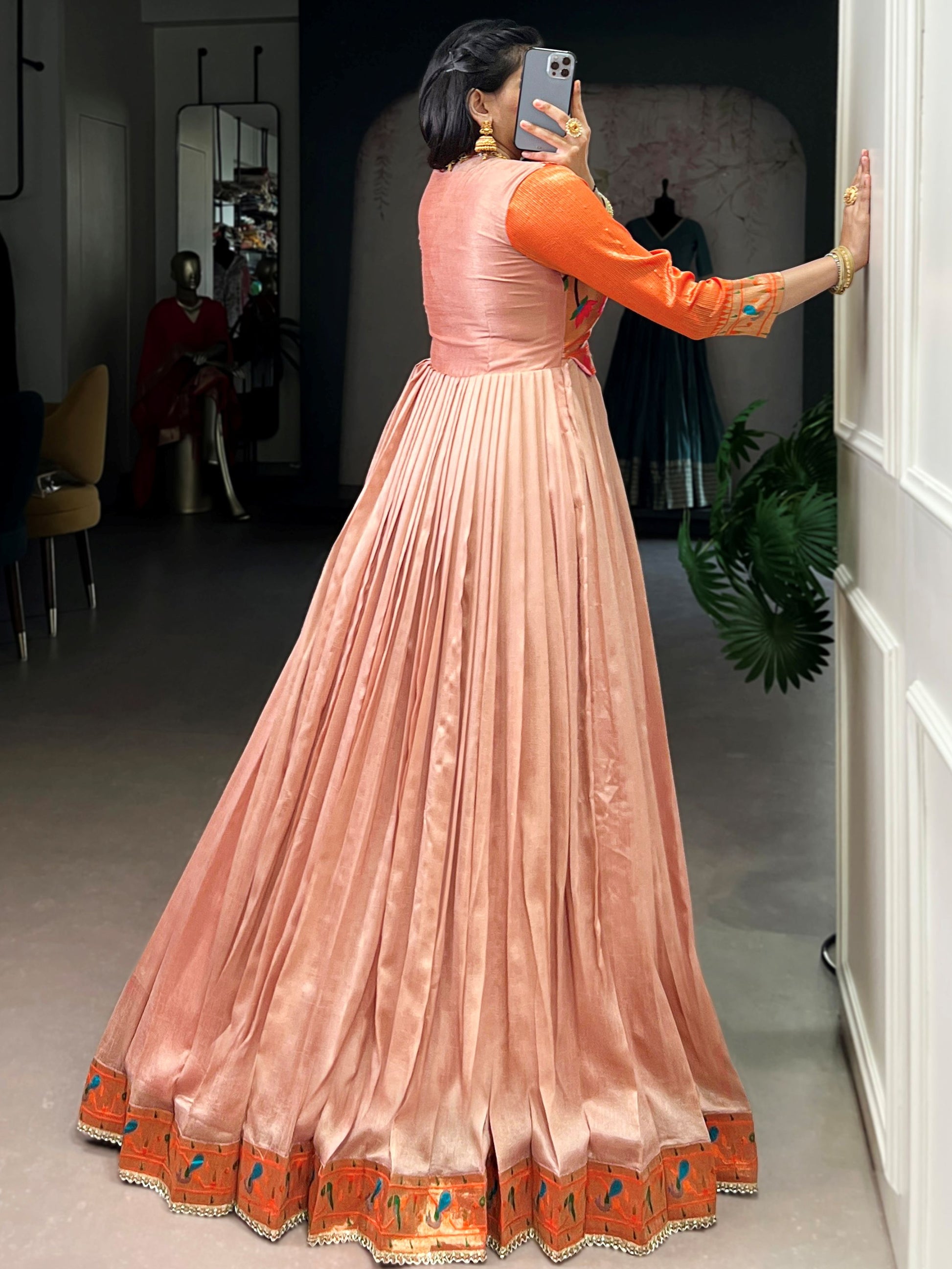 Classy Peach Zari Weaving  Silk Engagement Wear Gown