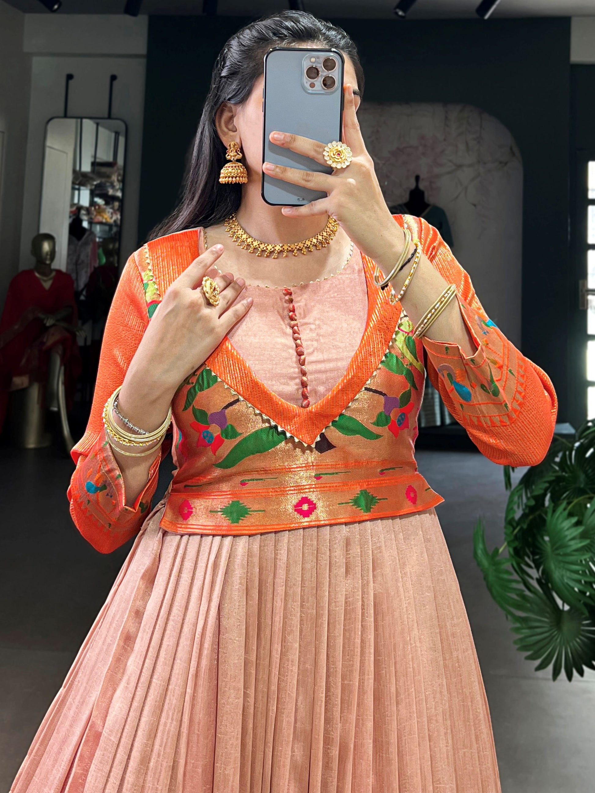 Classy Peach Zari Weaving  Silk Engagement Wear Gown