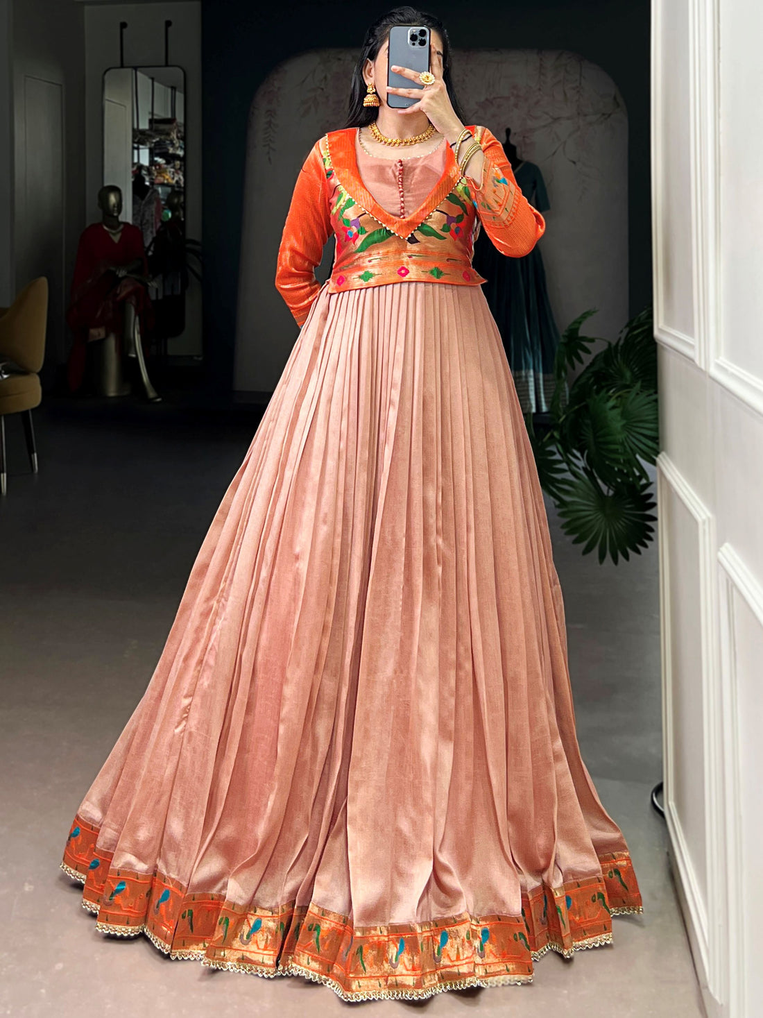 Classy Peach Zari Weaving  Silk Engagement Wear Gown