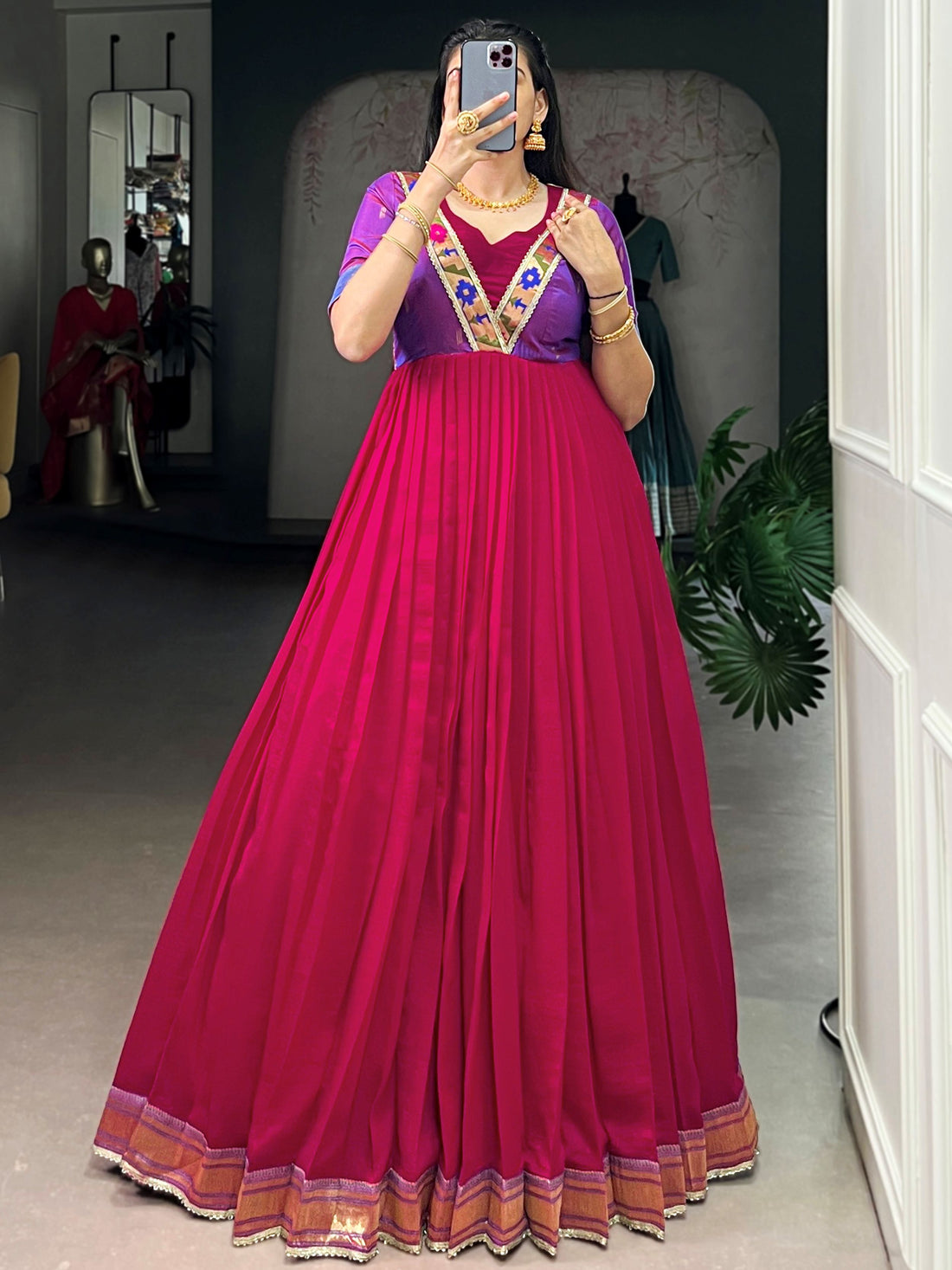 Alluring Pink Zari Weaving  Silk Festive Wear Gown
