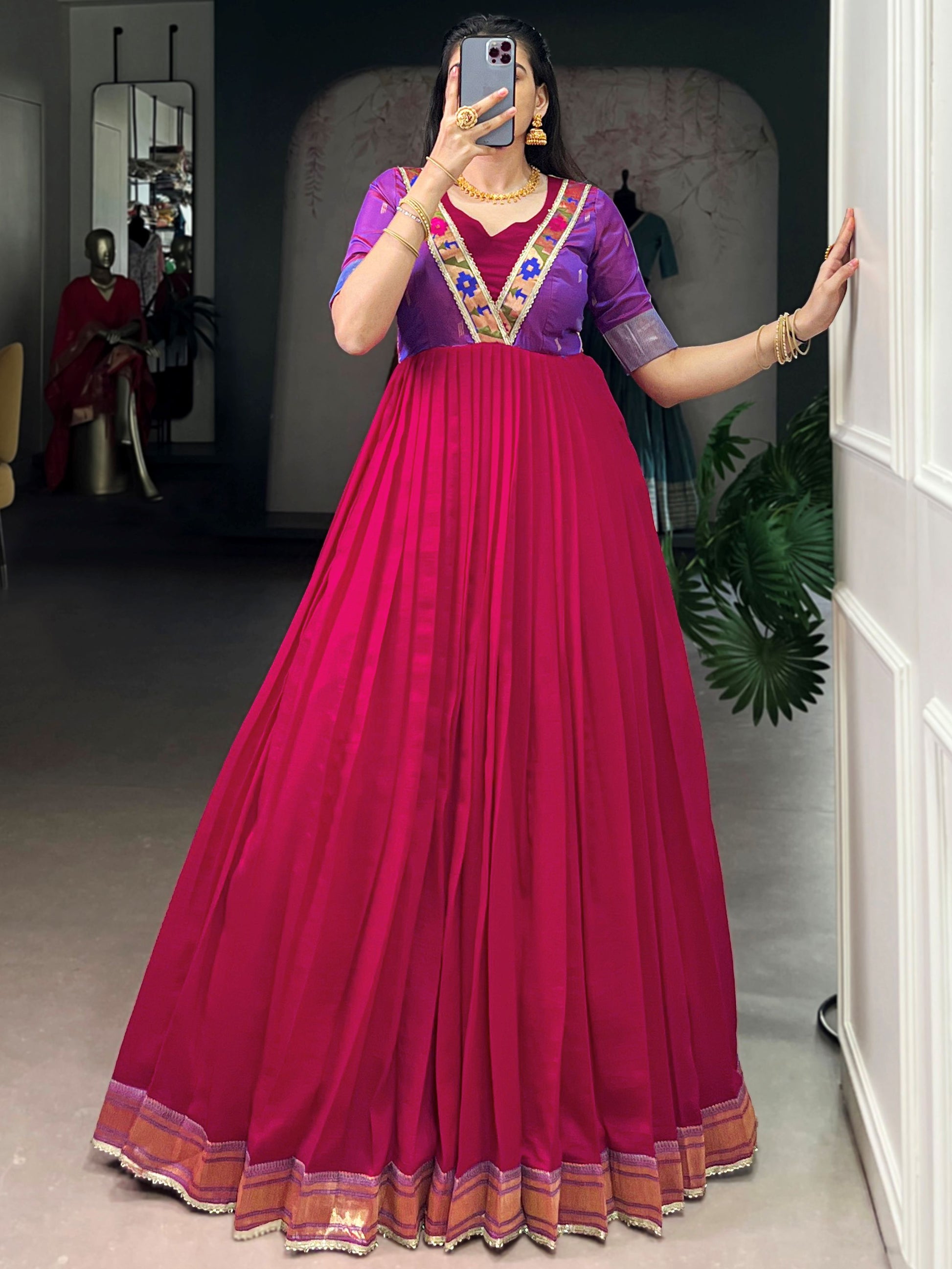 Alluring Pink Zari Weaving  Silk Festive Wear Gown