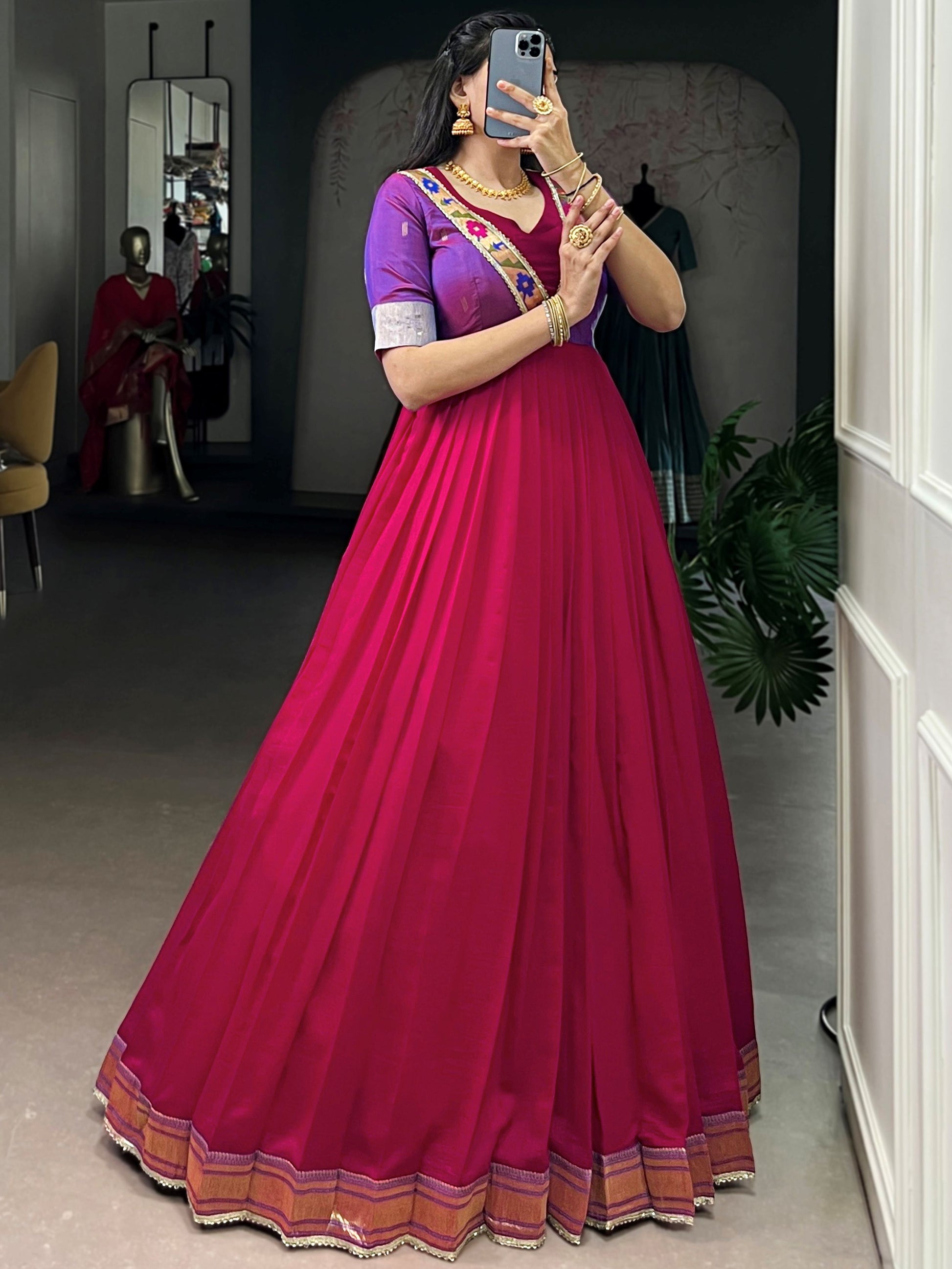 Alluring Pink Zari Weaving  Silk Festive Wear Gown