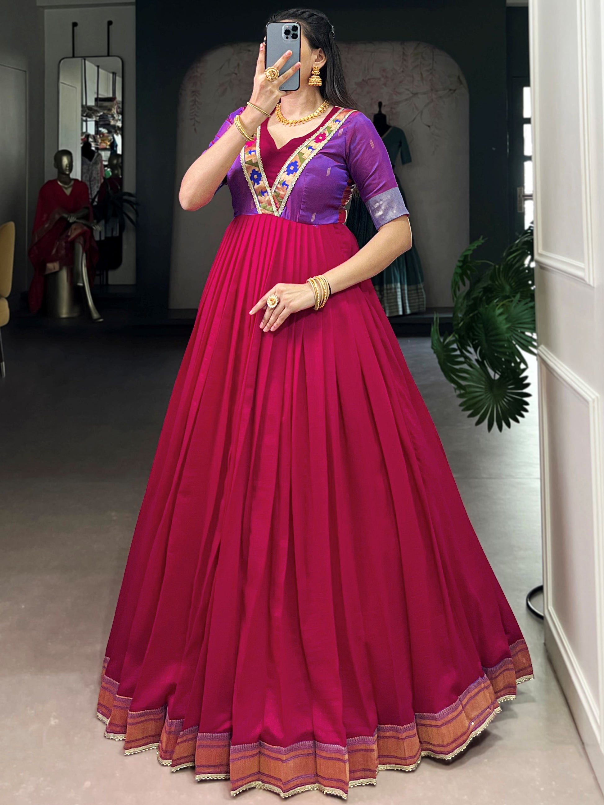 Alluring Pink Zari Weaving  Silk Festive Wear Gown