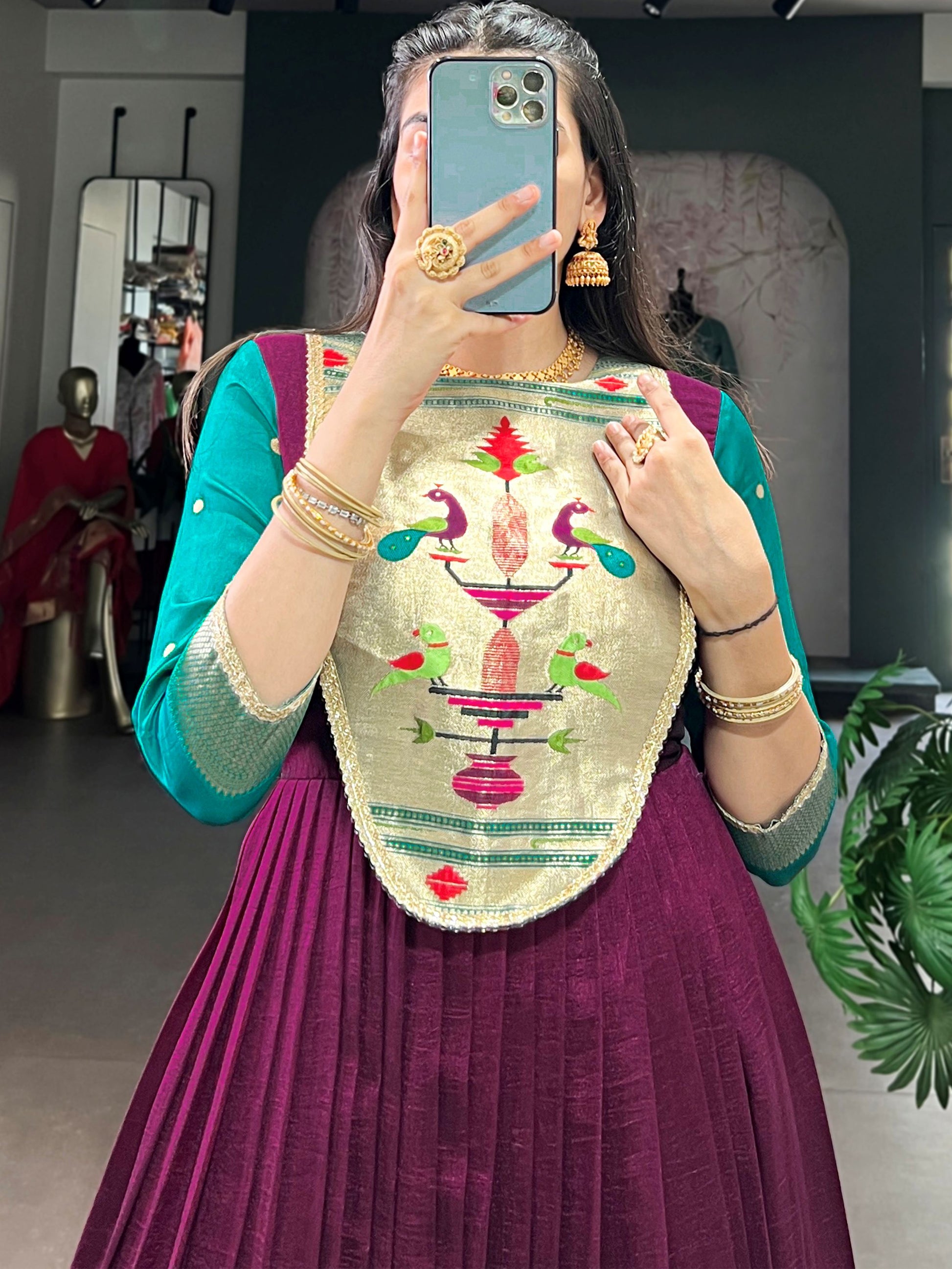 Graceful Wine Zari Weaving  Silk Engagement Wear Gown With Dupatta