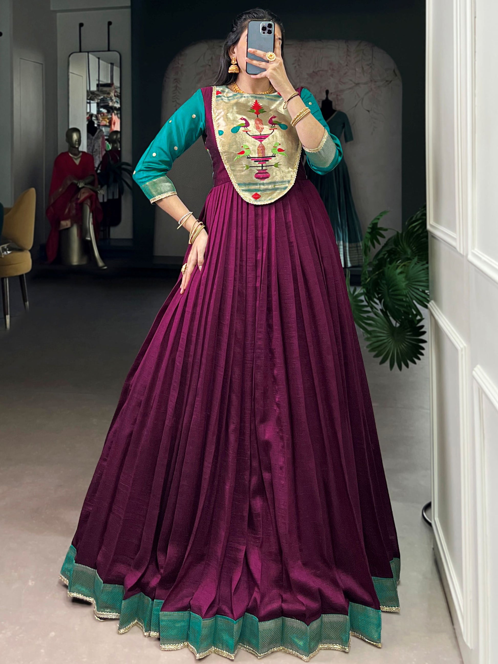Graceful Wine Zari Weaving  Silk Engagement Wear Gown With Dupatta