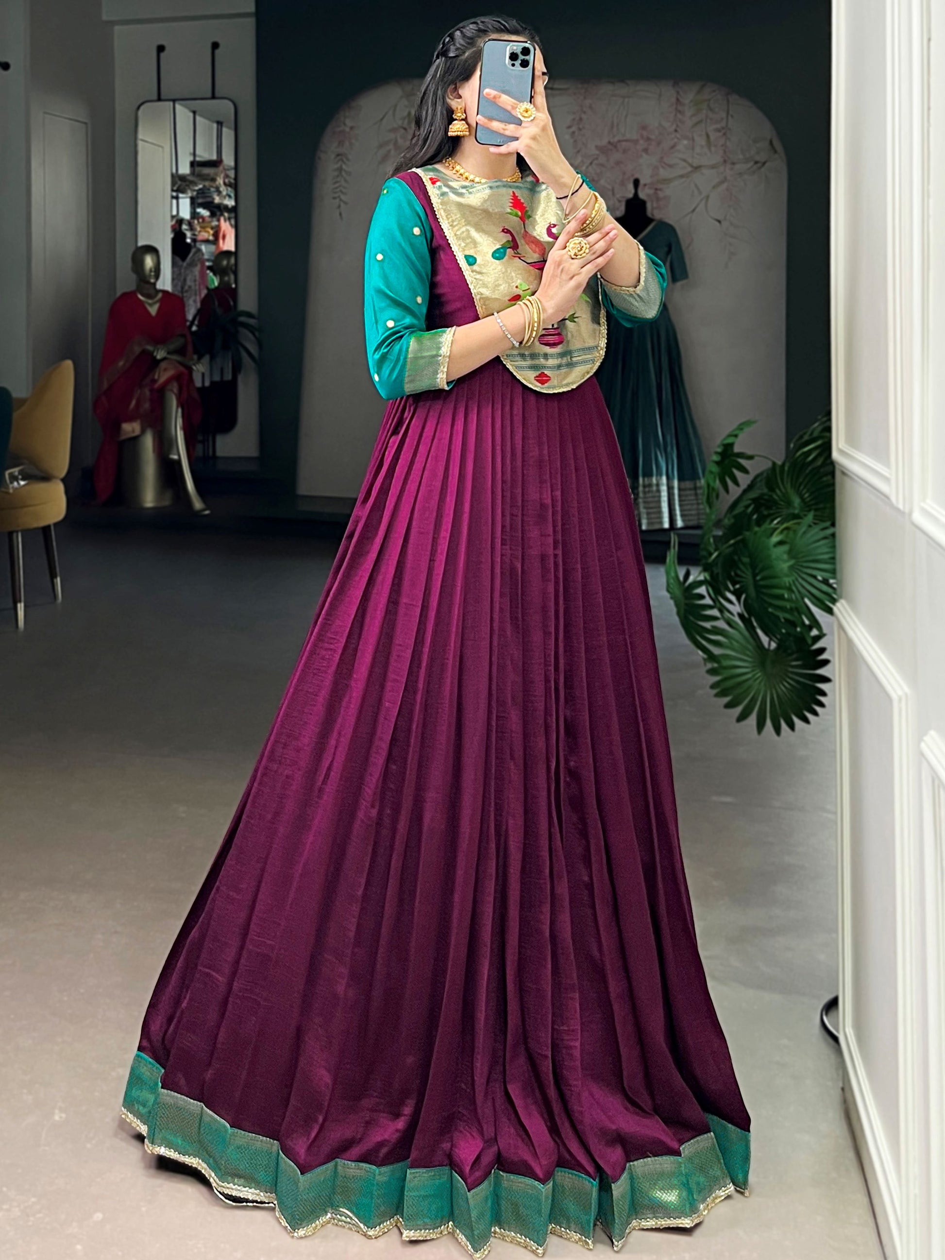 Graceful Wine Zari Weaving  Silk Engagement Wear Gown With Dupatta