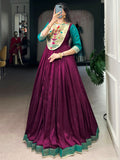 Graceful Wine Zari Weaving  Silk Engagement Wear Gown With Dupatta