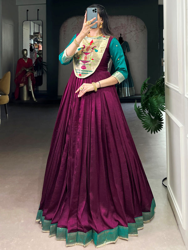 Graceful Wine Zari Weaving  Silk Engagement Wear Gown With Dupatta