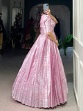 Dazzling Baby Pink Zari Weaving Silk Festival Wear Gown With Koti
