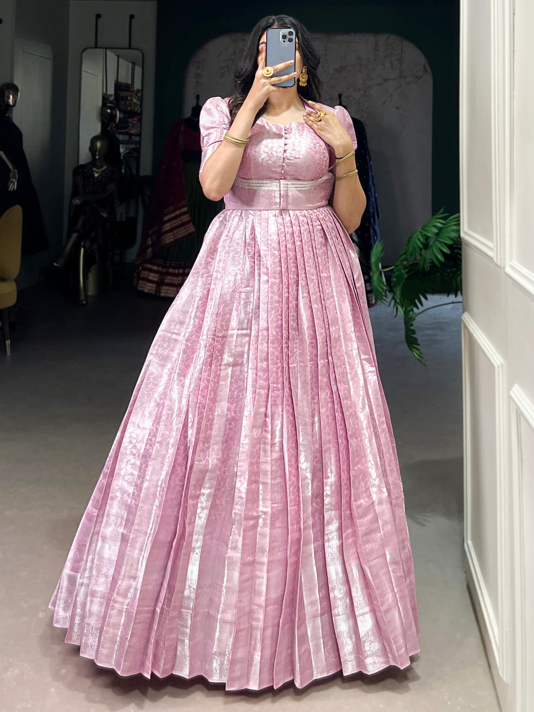 Dazzling Baby Pink Zari Weaving Silk Festival Wear Gown With Koti